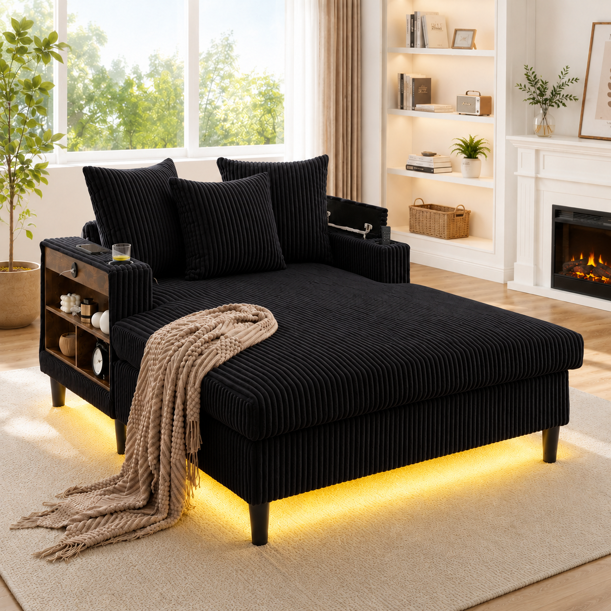 Gigab2b original image - Multifunktionale Cord-Lounge mit Chaiselongue mit großer Liegefläche,beidseitige Getränkehalter, LED-Beleuchtung, Seitentasche, Stauraum,USB-Ladeport,stabile Kunststofffüße – vielseitig einsetzbar.