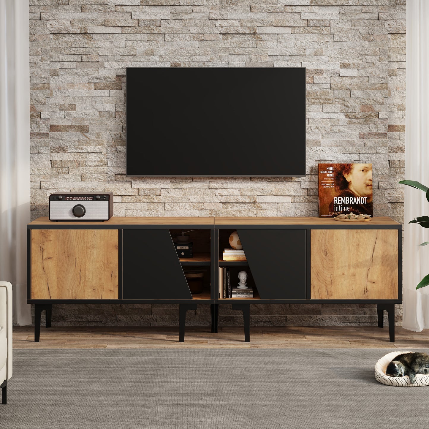 160 x 36,5 x 45 cm TV-Schrank für das Wohnzimmer mit 4 Fächern,lowboards Mit 7 Stützbeinen,Wohnzimmerschrank im modernen minimalistischen Design,Geeignet für 65-Zoll-Fernseher  Naturholzfarbe