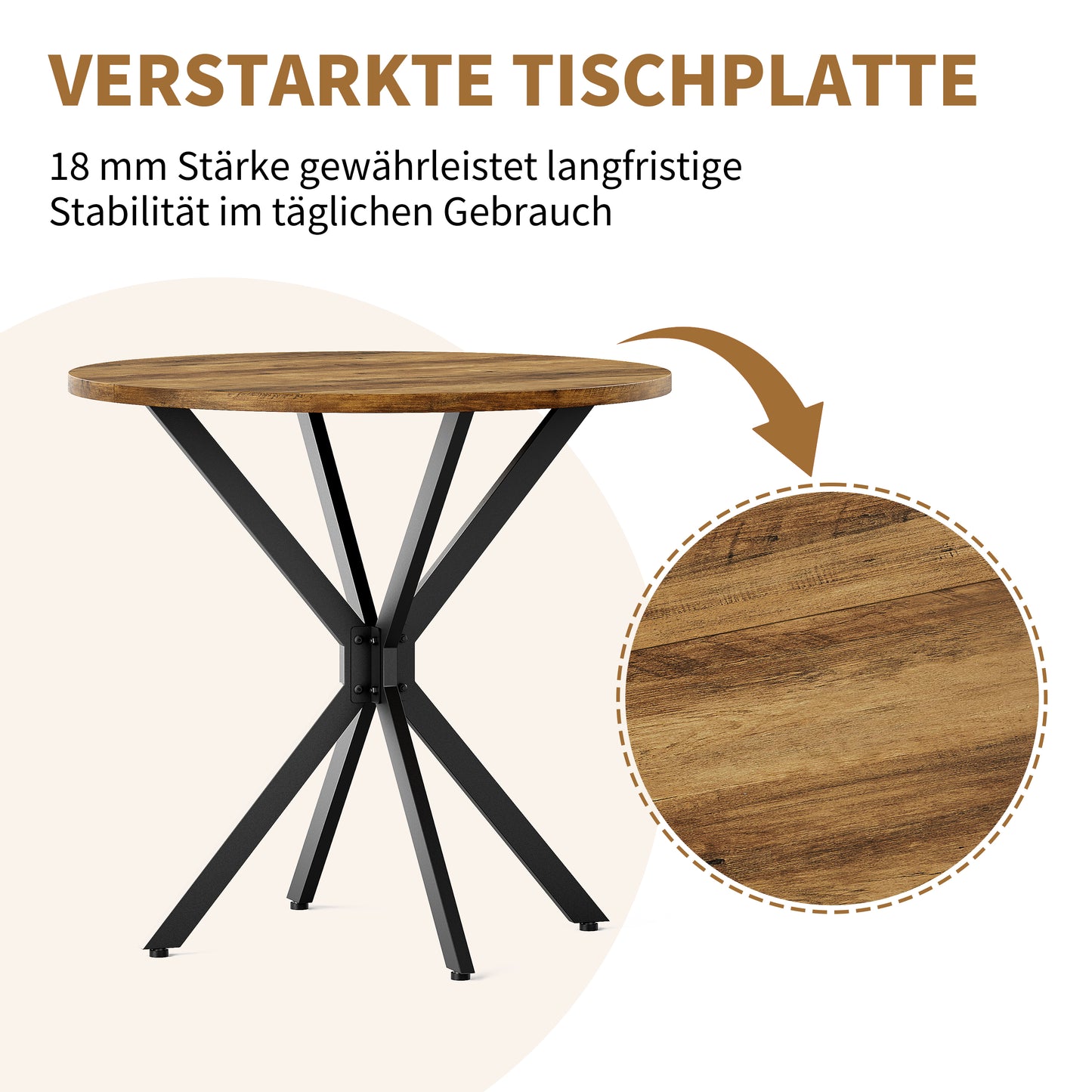 Runder Tisch im Bauernstil mit X-Beinen, 80 cm - Küchentisch, Esstisch für Wohnzimmer, Homeoffice, Balkon oder Café - Retro Braun & Schwarz
