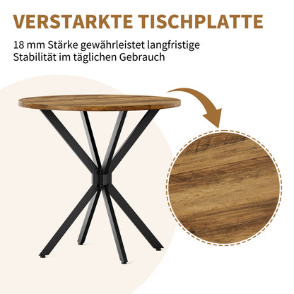 Runder Tisch im Bauernstil mit X-Beinen, 80 cm - Küchentisch, Esstisch für Wohnzimmer, Homeoffice, Balkon oder Café - Retro Braun & Schwarz
