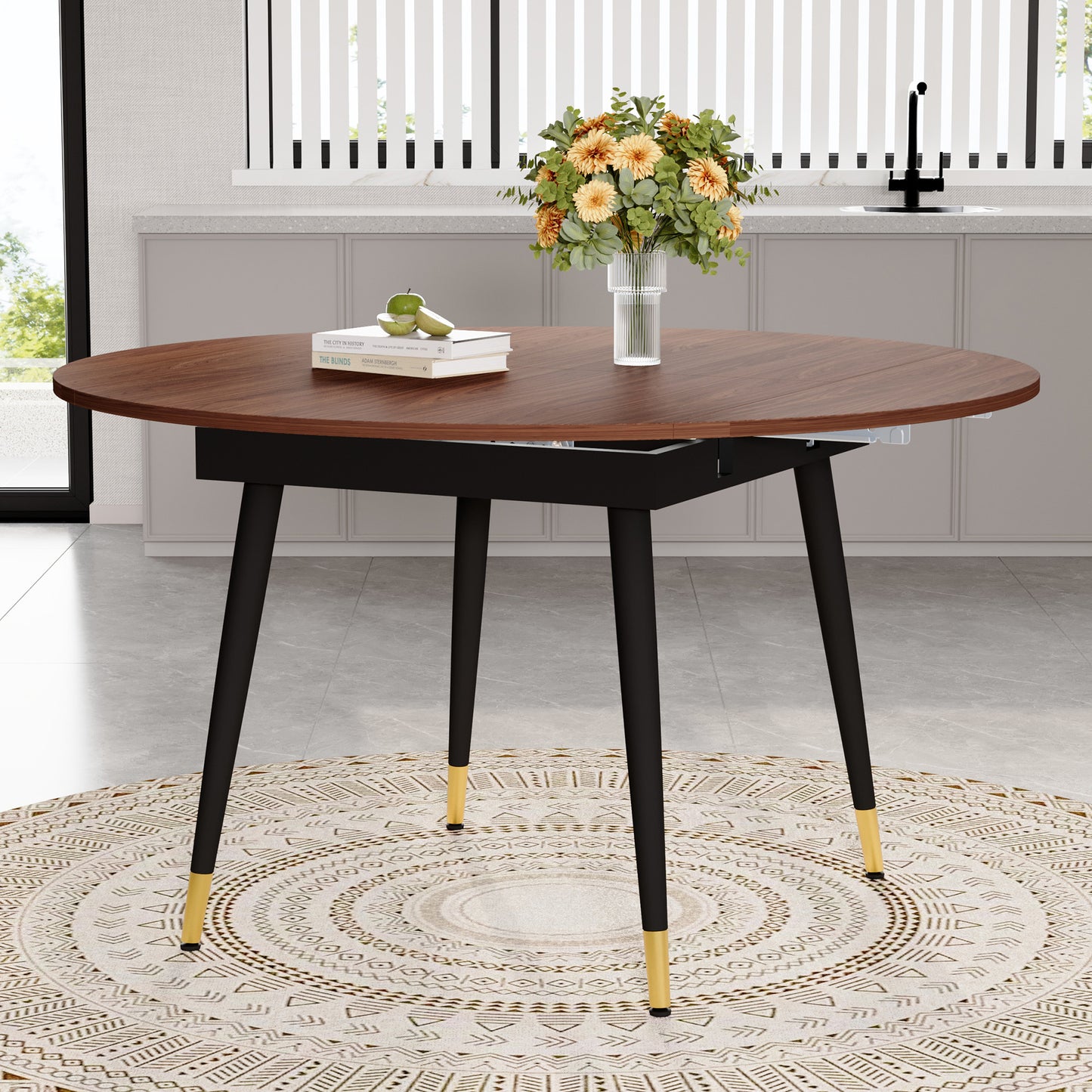 Moderner Ausziehbarer Esstisch, Verwandelt sich von Rund zu Oval, MDF-Platte in Schwarz/Nussbaum mit Gold-Akzenten, Stabile Metallbeine, Platzsparend für Küche & Esszimmer