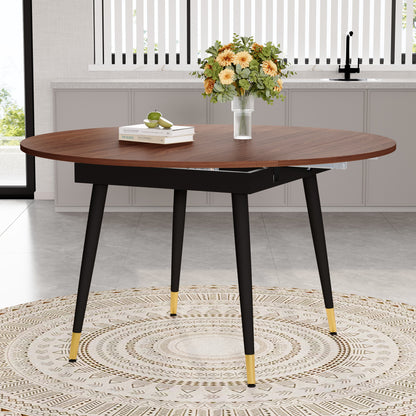 Moderner Ausziehbarer Esstisch, Verwandelt sich von Rund zu Oval, MDF-Platte in Schwarz/Nussbaum mit Gold-Akzenten, Stabile Metallbeine, Platzsparend für Küche & Esszimmer