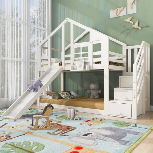 (=AB407454567W)Kinderbett Baumhaus 90 x 200 cm, Etagenbett für Kinder in Fensterbauweise mit Rutsche und Rausfallschutz, Weiß, 2x Lattenrost (Ohne Matratze)