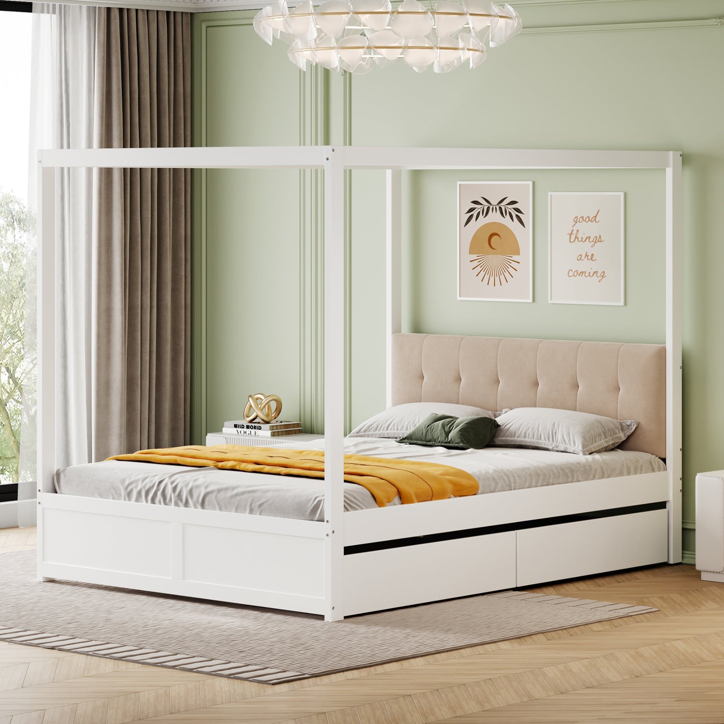 Gigab2b original image - Himmelbett140*200 cm mit großen Schubladen und weicher Rückenlehne, Holz bett weiß
