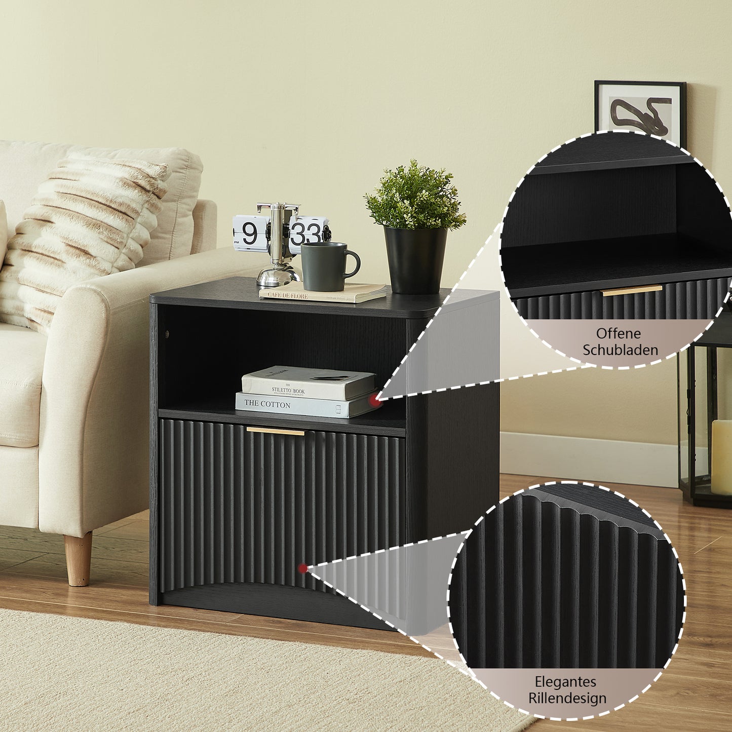 Space-Saving Nightstand with Open Drawer and Gold Handles