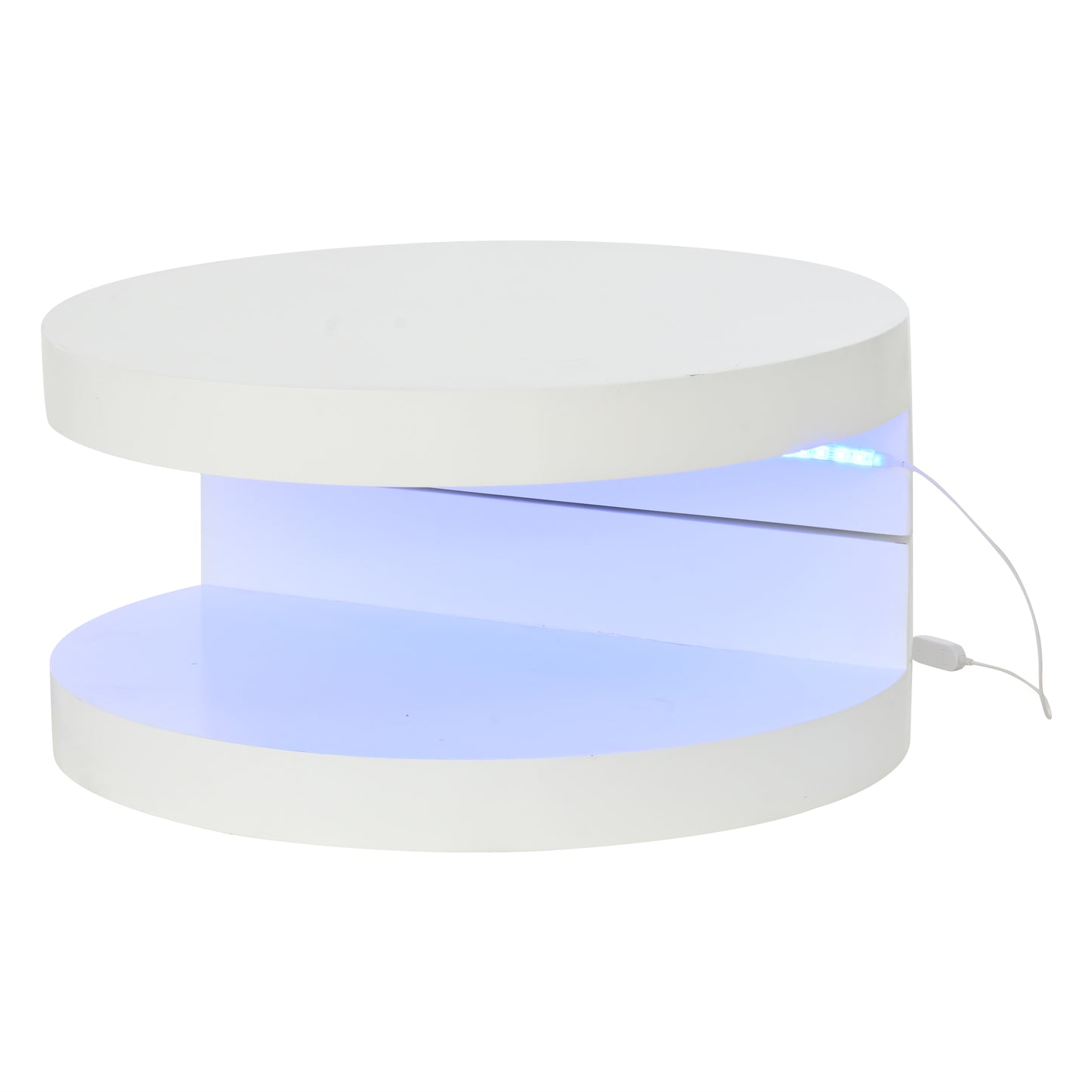 N625P300074W 70*70*35.5cm Couchtisch, Obere Tischplatte 360° frei drehbar, Drehbarer Sofatisch mit LED-Lichtleiste, Zylindrischer Wohnzimmertisch aus MDF, belastbar bis 30 kg, 2-Schicht-Aufbau,Weiß