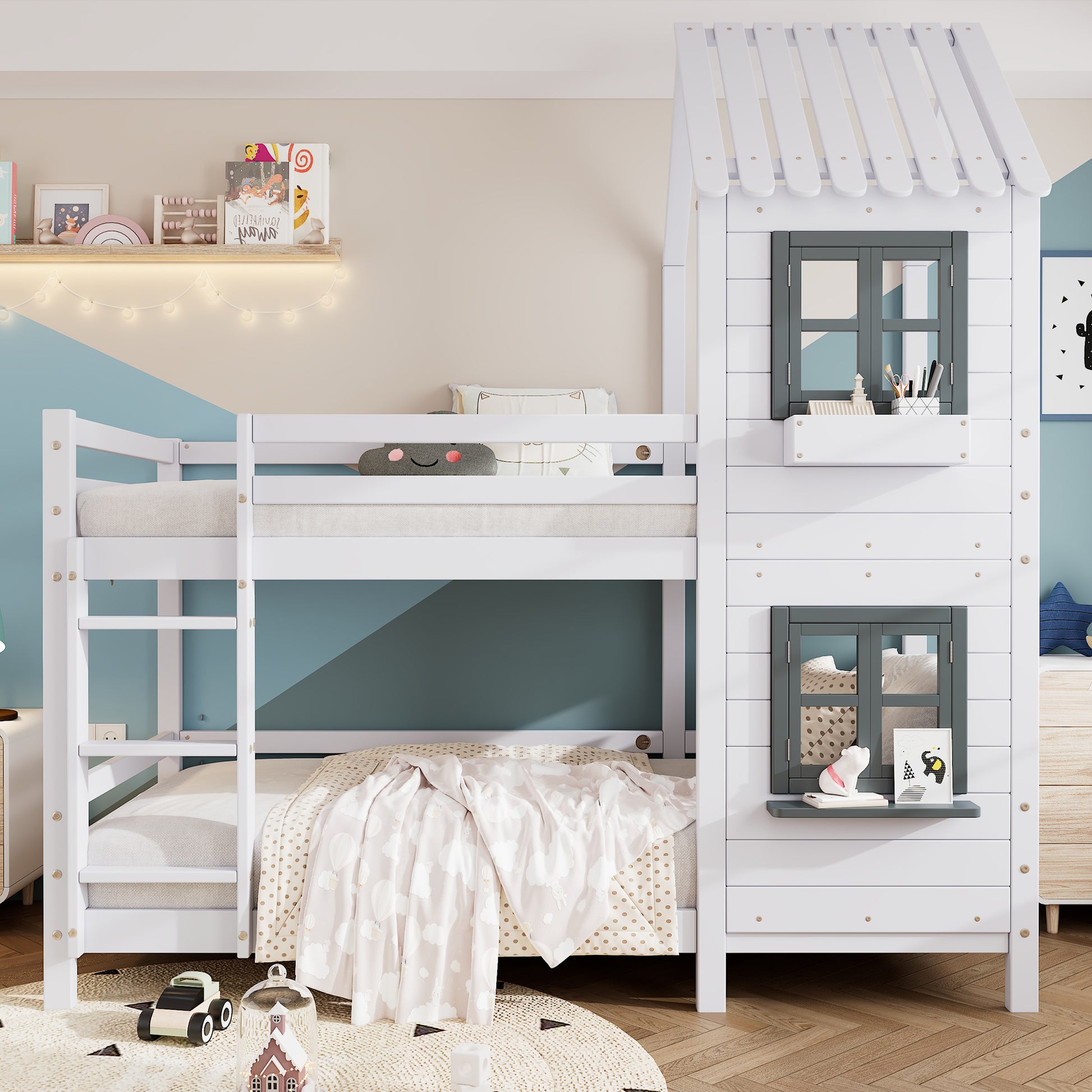 Gigab2b original image - [29590567WAA]Etagenbett mit Handlauf und Fenster, Hausbett, Kinderbett mit Fallschutz und Gitter, Rahmen aus Kiefer, weiß (90x200cm) [29590567WAA]