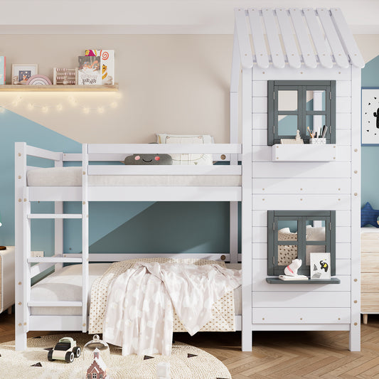 Gigab2b original image - [29590567WAA]Etagenbett mit Handlauf und Fenster, Hausbett, Kinderbett mit Fallschutz und Gitter, Rahmen aus Kiefer, weiß (90x200cm) [29590567WAA]