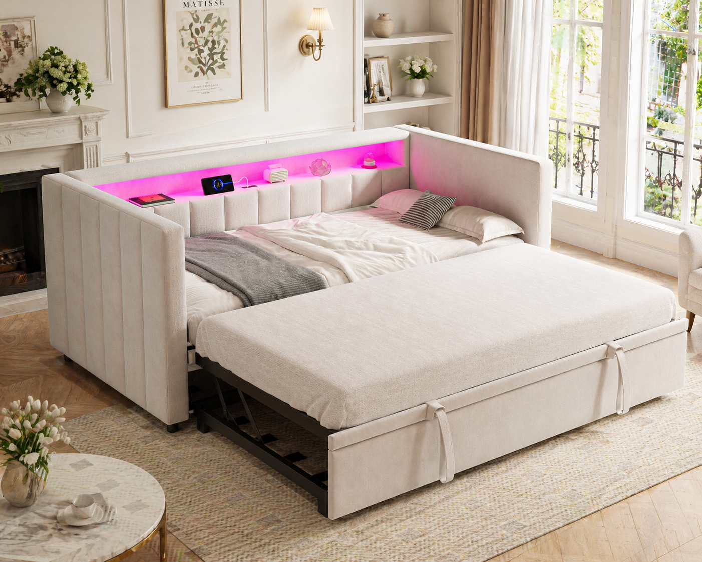 Gigab2b original image - Multifunktionales Schlafsofa 90x190 cm mit ausziehbarem Bett, USB-Type-C-Anschluss, LED-Ambiente, Samtbezug & Stauraum – Stilvolles Design für Wohnzimmer, Gästezimmer oder Jugendzimmer. Beige