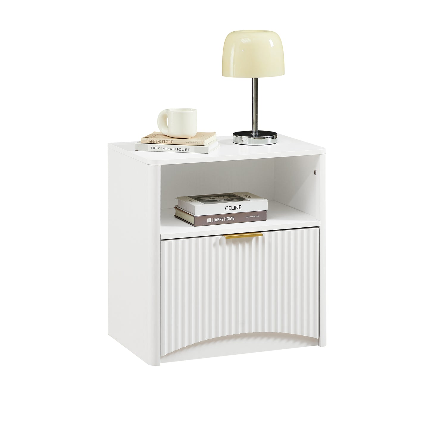 Space-Saving Nightstand with Open Drawer and Gold Knobs