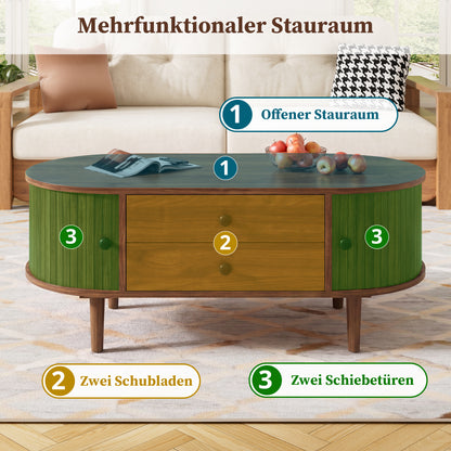 Couchtisch oval vertikale Leisten Schiebetüren 2 Schubladen MDF