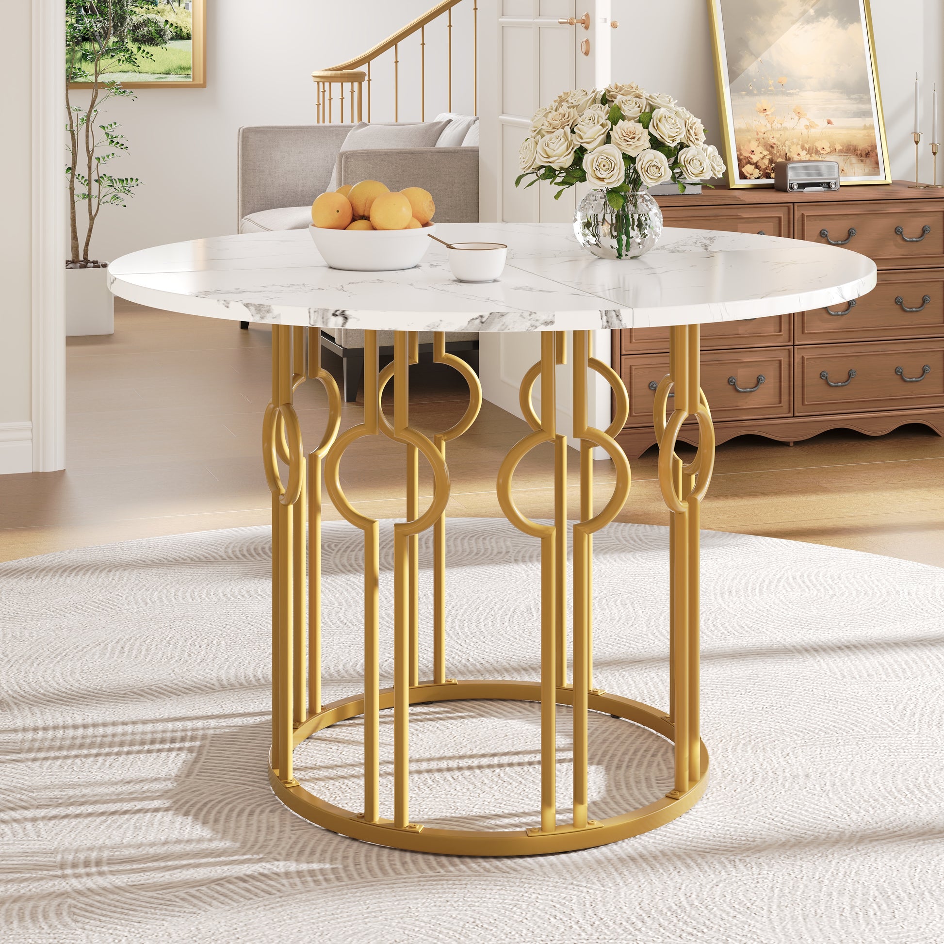 Gigab2b original image - Runder Esstisch (100×100×76cm), Küchentisch,, Runder Kaffeetisch für 4,geeignet für Esszimmer, Wohnzimmer,Tischbeine aus Metall,MDF marmorierte Tischplatte, goldene Beine