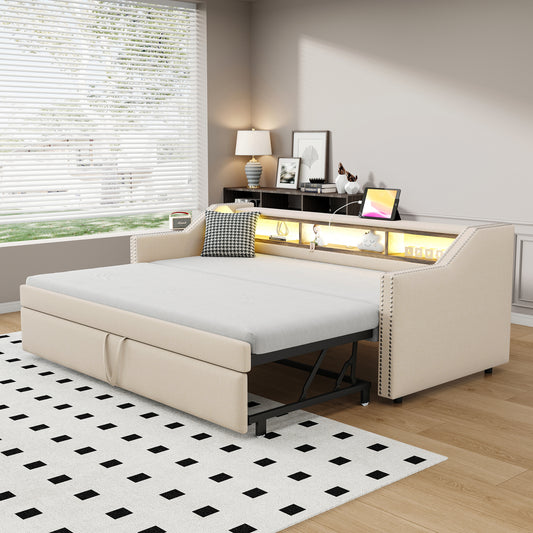Gigab2b original image - Polsterbett Ausziehbares Schlafsofa 90/180 x 190 cm, Multifunktionales Staufach, LED-Licht und USB-Buchse, mit Lattenrost, Beige