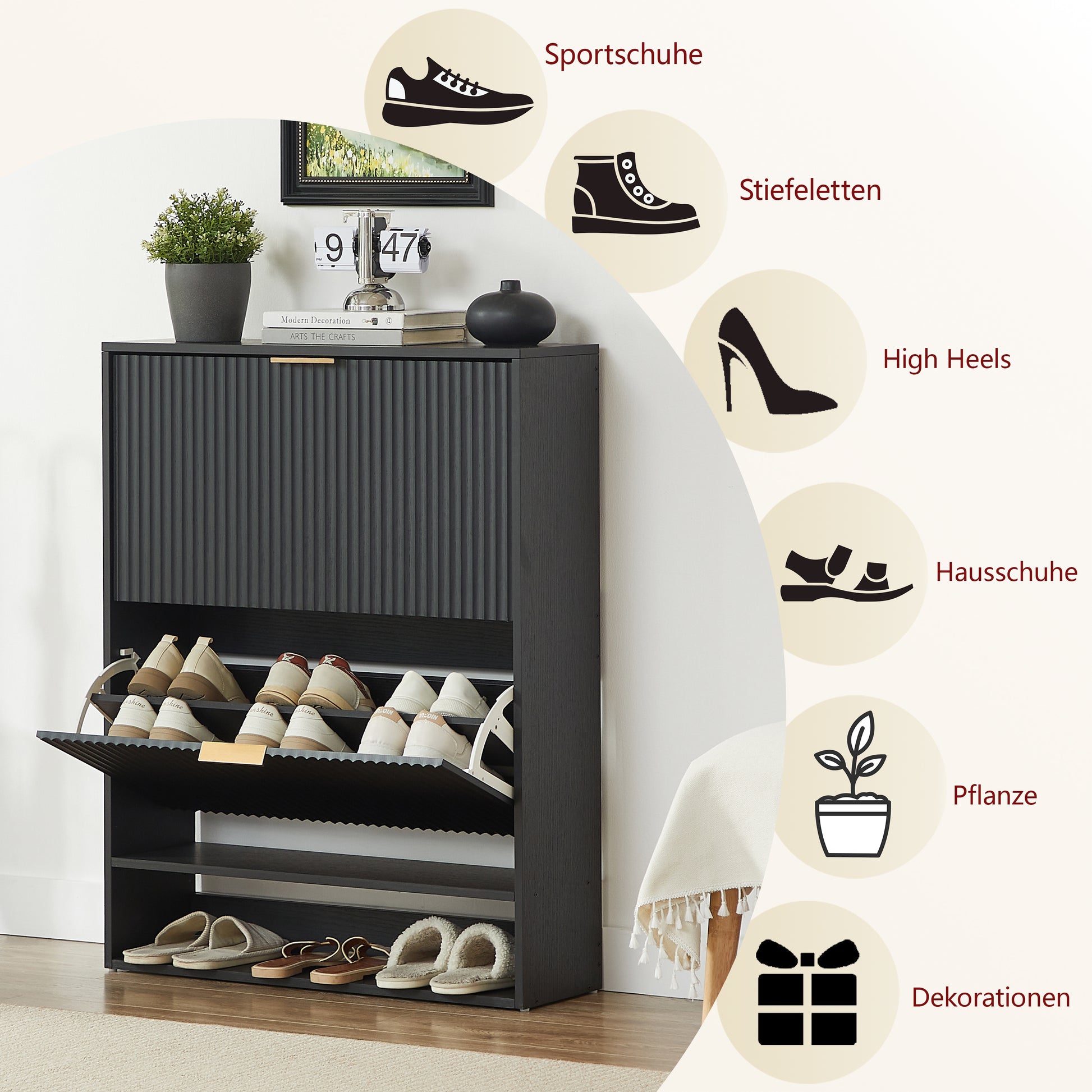 80 x 24 cm Schuhschrank mit Nutfront – Höhenverstellbar mit Kippschutz und Dekotisch für den Flur, in Schwarz