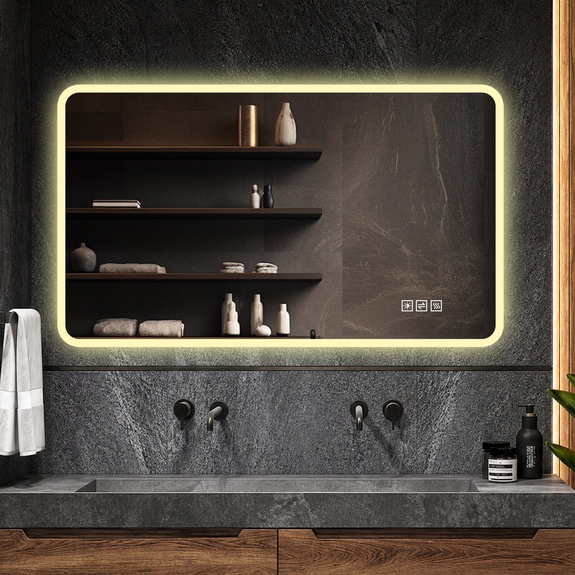 60×120cm LED Badezimmerspiegel mit Milchglasrand, Frontbeleuchtung, Anti-Beschlag, 3 Lichtfarben, Stufenlos Dimmbar, Memory-Funktion, Horizontal & Vertikal Montierbar, IP44 Wasserdicht