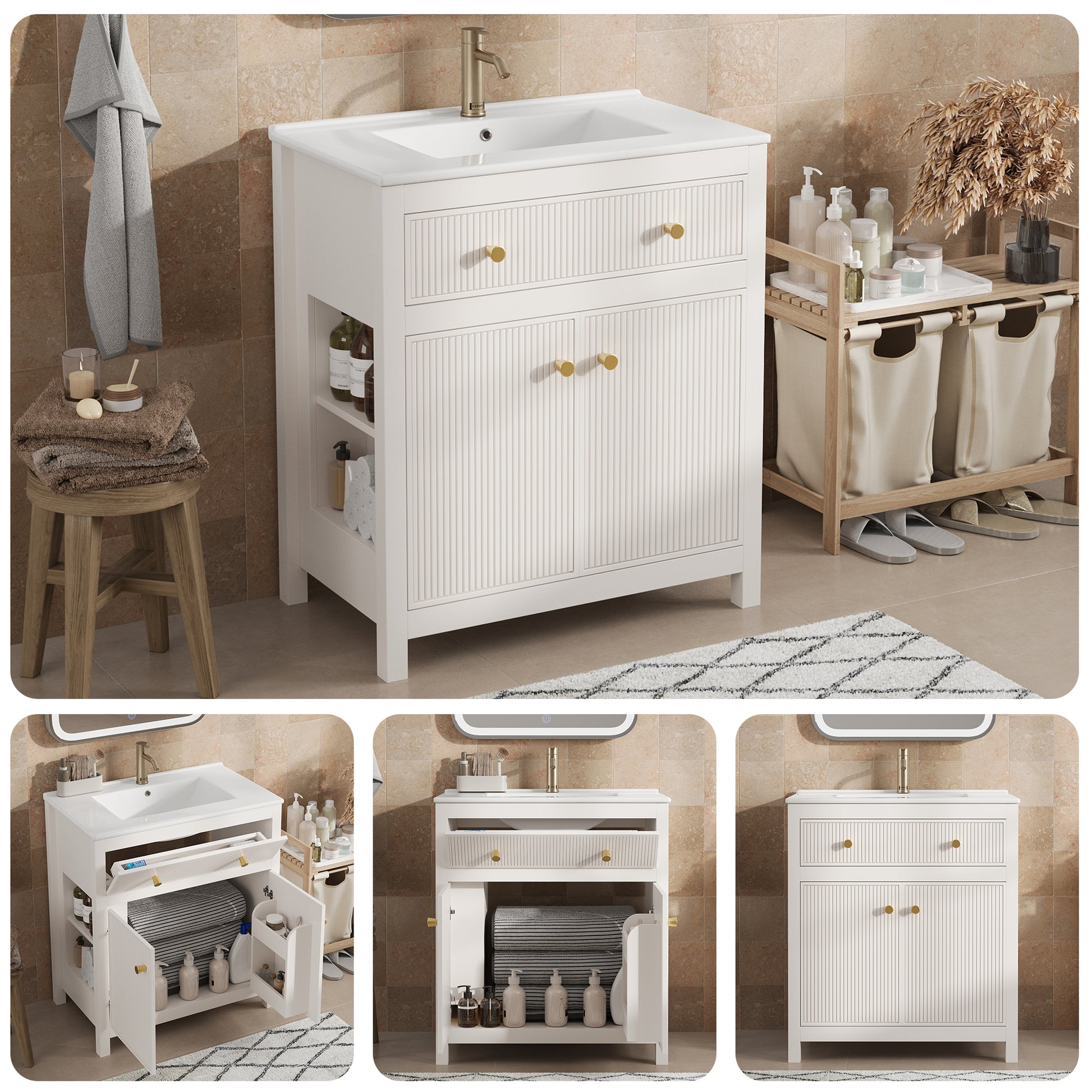 Gigab2b original image - Weiß Badezimmerunterschrank 81x46,5cm mit Keramikbecken, 1 Schublade + 1 Tür mit Soft-Close, Freistehendes Modernes Waschtischunterschrank mit Geriffeltem Design
