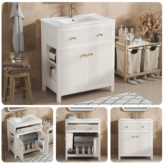 Gigab2b original image - Weiß Badezimmerunterschrank 81x46,5cm mit Keramikbecken, 1 Schublade + 1 Tür mit Soft-Close, Freistehendes Modernes Waschtischunterschrank mit Geriffeltem Design