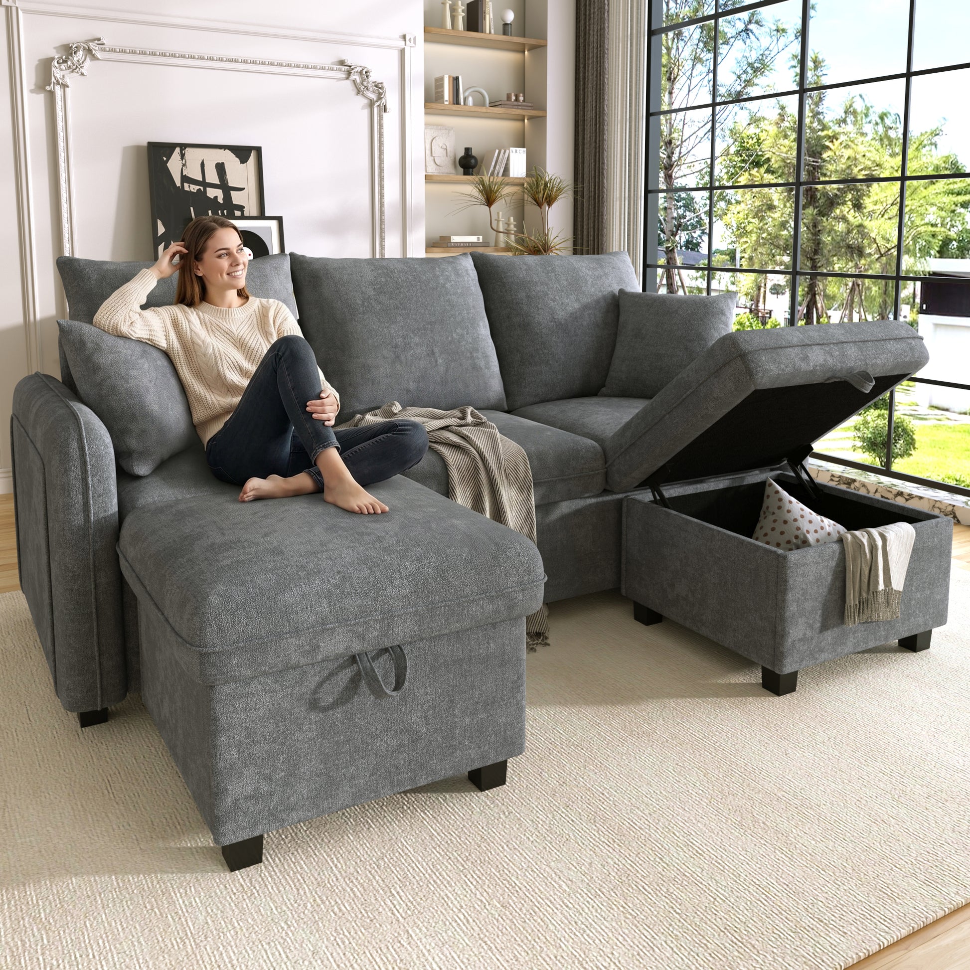 Gigab2b original image - Multifunktionale Ecksofa U-Form-Dreisitzer Polster-Sofa mit Staufunktion – Inklusive Schubladen + Hocker mit Staufach, modular zerlegbares Sofa-Set mit Schlaffunktion, Chenille-Bezug