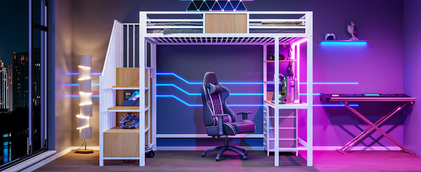 Metal Loft Bed with Desk, Storage, and Clothes Rail