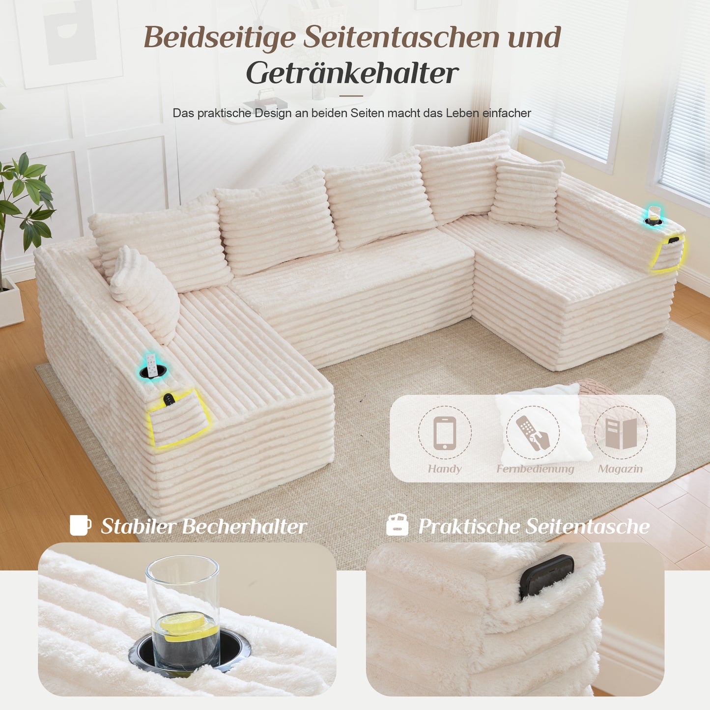 U-förmiges Cord-Sofa mit Getränkehaltern und Seitentaschen, Federkernpolsterung, 4 Rückenkissen und 2 Zierkissen. Ergonomisch geformt für angenehmes langes Sitzen – ideal für Wohnung und Wohnzimmer.