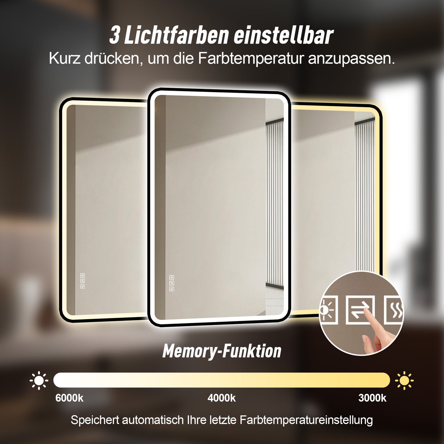 70×90cm LED Badezimmerspiegel mit schwarzem Aluminiumrahmen, Front- & Hintergrundbeleuchtung, Anti-Beschlag, 3 Lichtfarben, dimmbar, Memory-Funktion, horizontal & vertikal montierbar, IP44 wasserdich