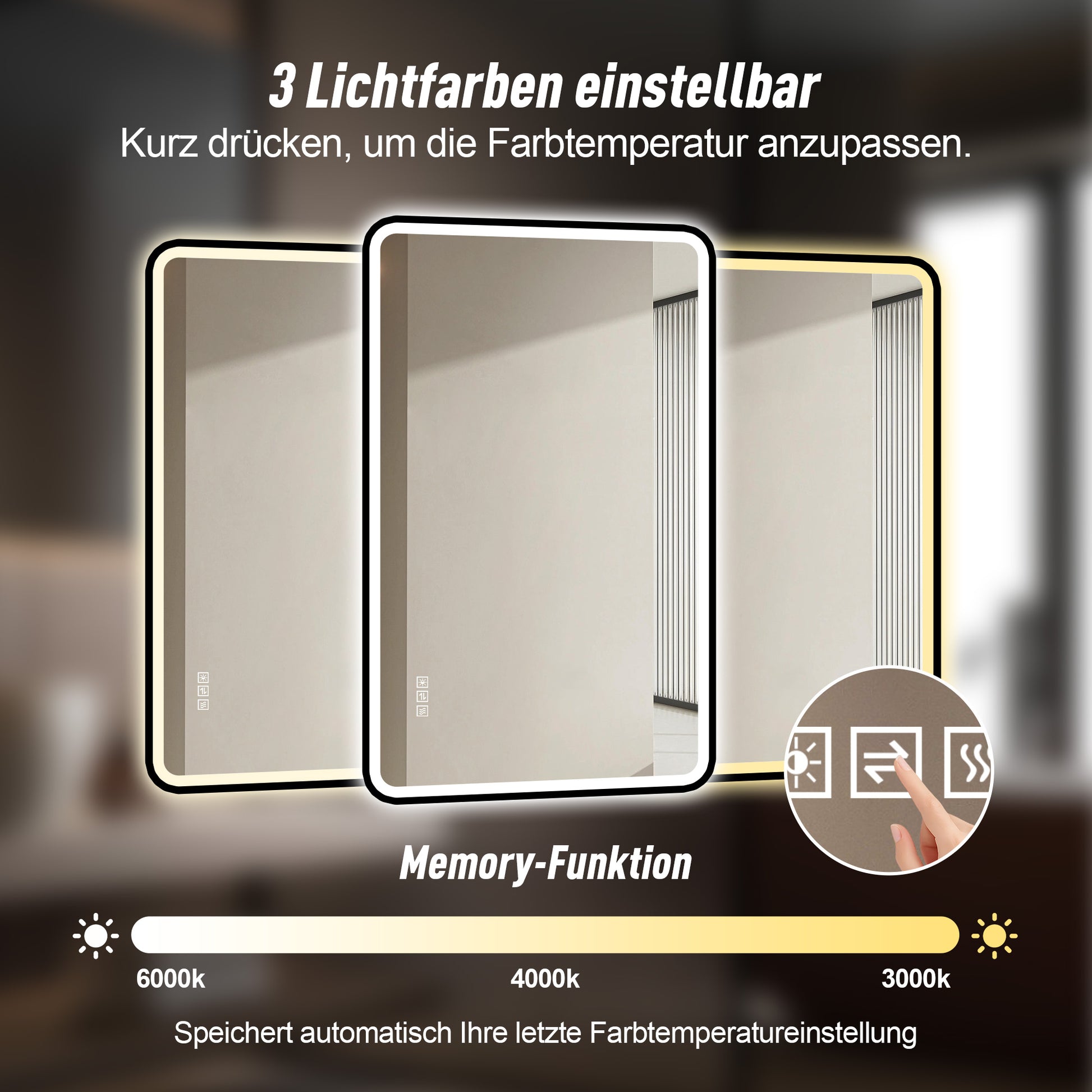 70×90cm LED Badezimmerspiegel mit schwarzem Aluminiumrahmen, Front- & Hintergrundbeleuchtung, Anti-Beschlag, 3 Lichtfarben, dimmbar, Memory-Funktion, horizontal & vertikal montierbar, IP44 wasserdich