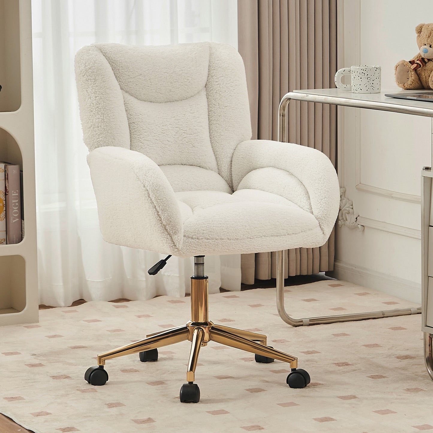 005 Full KD Teddy-Stoffmaterial Höhenverstellbarer Drehstuhl für das Home-Office im Innenbereich mit goldenen Beinen, weiß