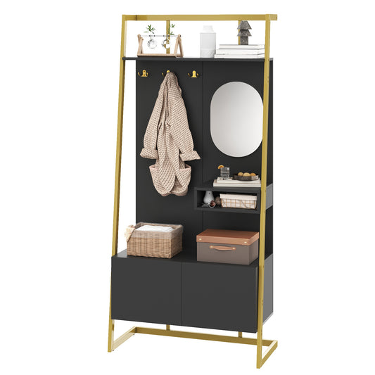 Gigab2b original image - Moderne minimalistische  Kompaktgarderobe, offener multifunktionaler Aufbewahrungsschrank mit Spiegel, Metallhaken,Garderobenständer mit Schuhbank, Garderobe, Schuhaufbewahrung,Kleiderständer,