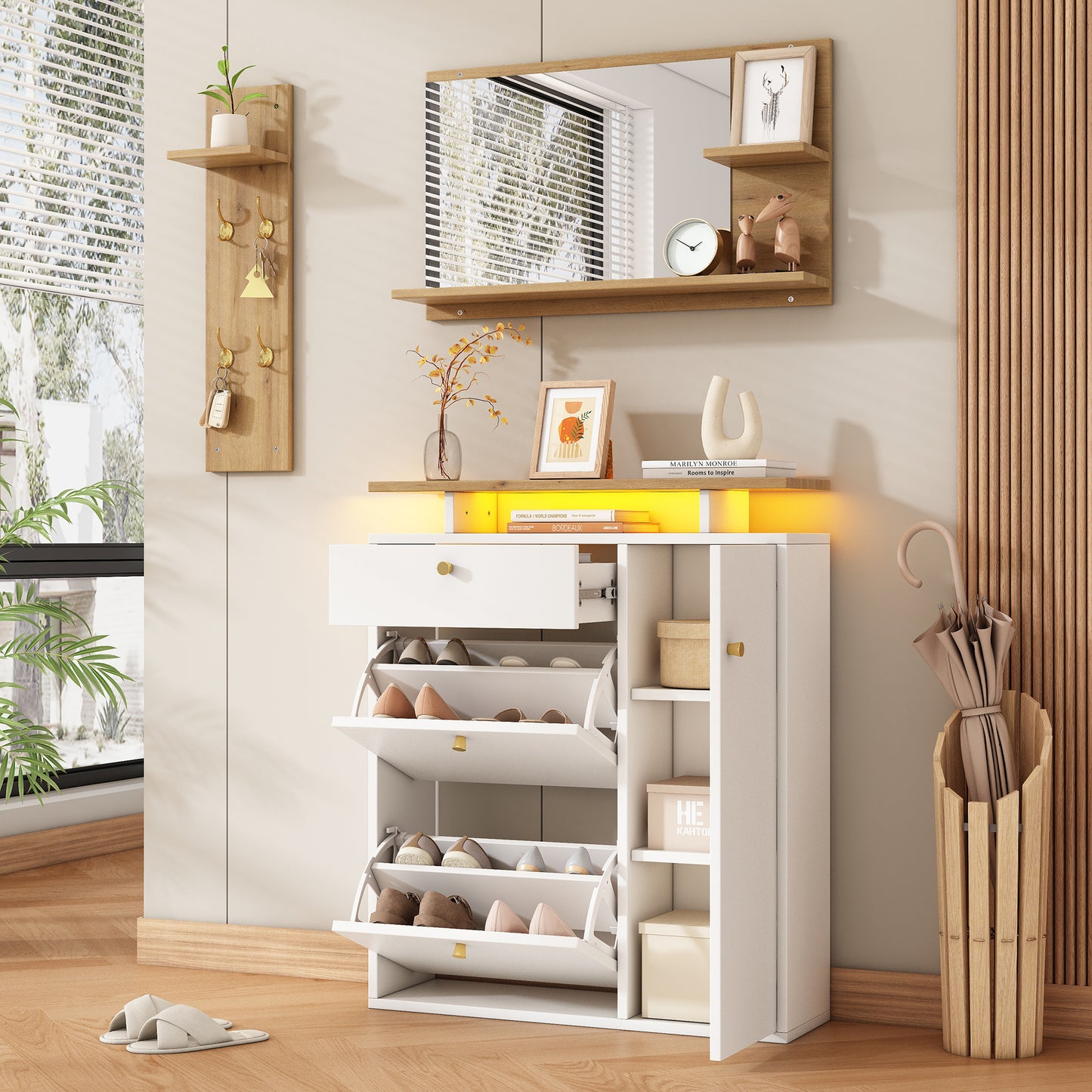 Gigab2b original image - Flur Garderoben-Set, 3-teilig mit Spiegel, Hutablage und Schuhschrank: Garderobenständer mit LED-Beleuchtung, 4 Kleiderhaken, in Natur und Weiß, Maße 105 x 25 x 151.5 cm