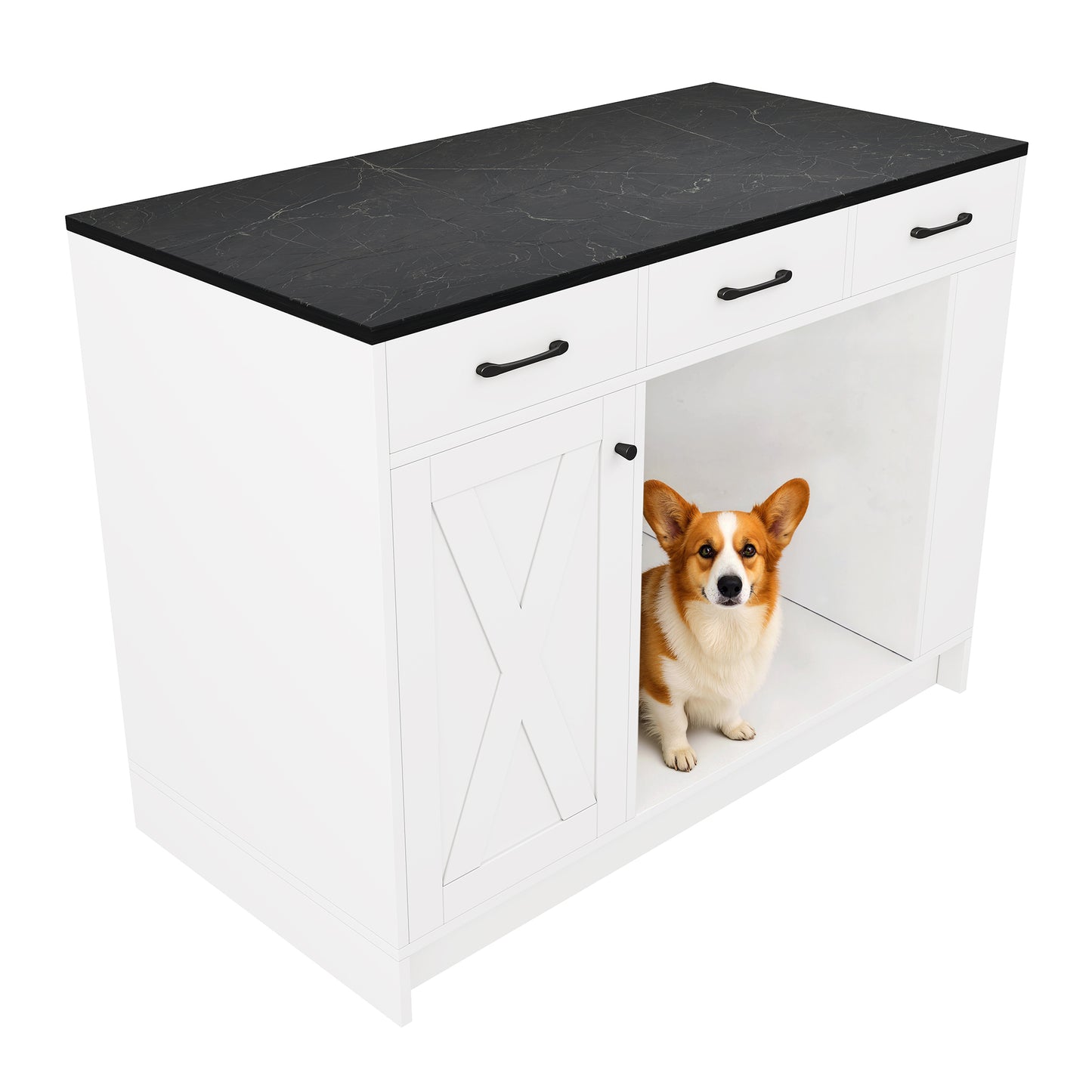 Kücheninsel, Schrank mit 3 Schubladen, 1 Gewürzablage, verstellbare Regalplatte, Doppelablage (ohne Hundefutterteller), geräumiger Haustieraufbewahrungsbereich (ohne Hundekissen), 120*60*90 cm, weiß