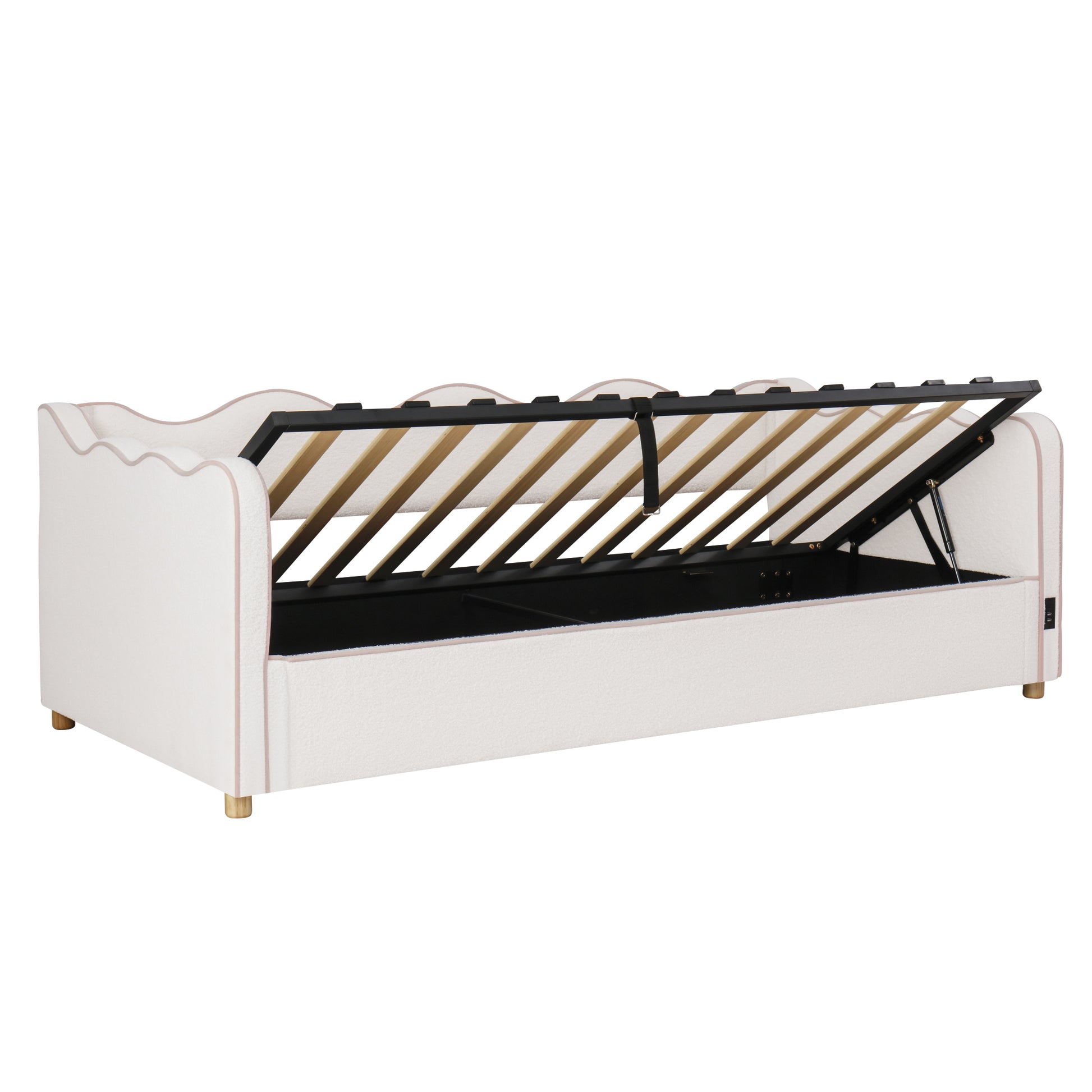 Daybett 90x200 cm mit hydraulischem Stauraum, Polsterbett, Tagesbett, Schlafsofa mit USB & Rückenlehne, bouclé, beige