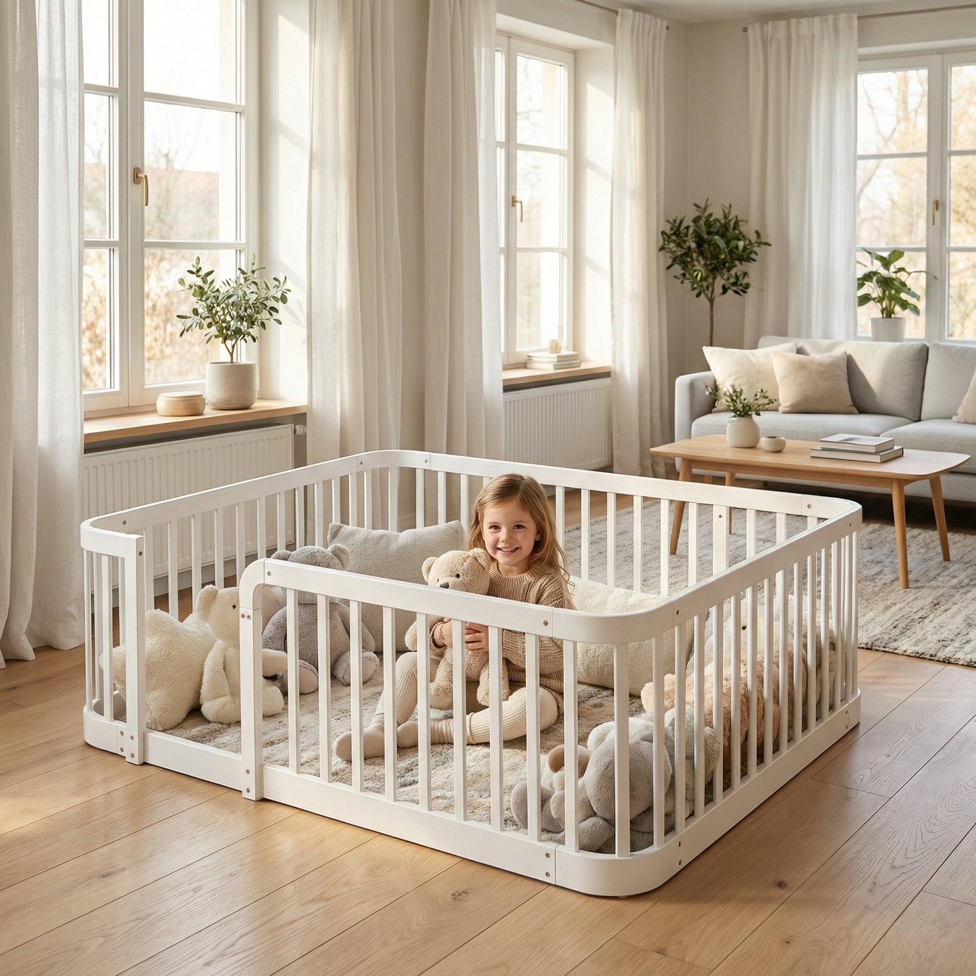 140×200cm White Modular Baby Playpen, 7cm Safe Bar Spacing, Rounded Edges, Anti-Pinch Floor Design, Multi-Scene Baby Safety Gate for Home & Pet