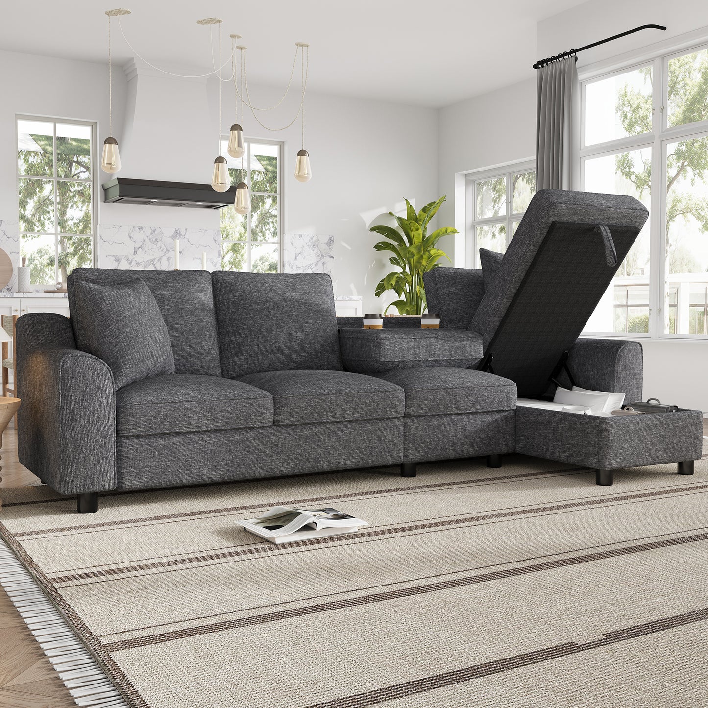 Modernes Chenille L-Form Sofa 3-Sitzer + Chaiselongue Ecksofa, Chaiselongue mit aufklappbarem Stauraum, klappbare Rückenlehne mit Getränkehaltern, multifunktionales modulares Sofa, Grau, 280×136×82cm