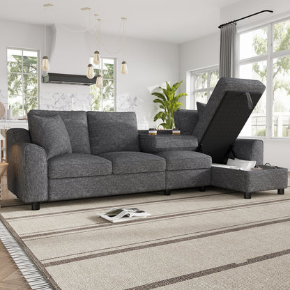 Modernes Chenille L-Form Sofa 3-Sitzer + Chaiselongue Ecksofa, Chaiselongue mit aufklappbarem Stauraum, klappbare Rückenlehne mit Getränkehaltern, multifunktionales modulares Sofa, Grau, 280×136×82cm