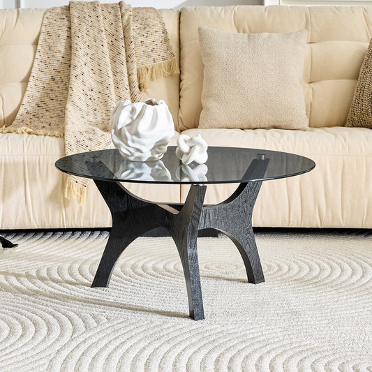 Gigab2b original image - Runder Couchtisch mit Glasplatte, Moderner Wohnzimmertisch mit schwarzem Holzrahmen, Stabiler Kaffeetisch 80cm, Hitze- & Kratzfest, für Wohnzimmer, Büro & Lounge