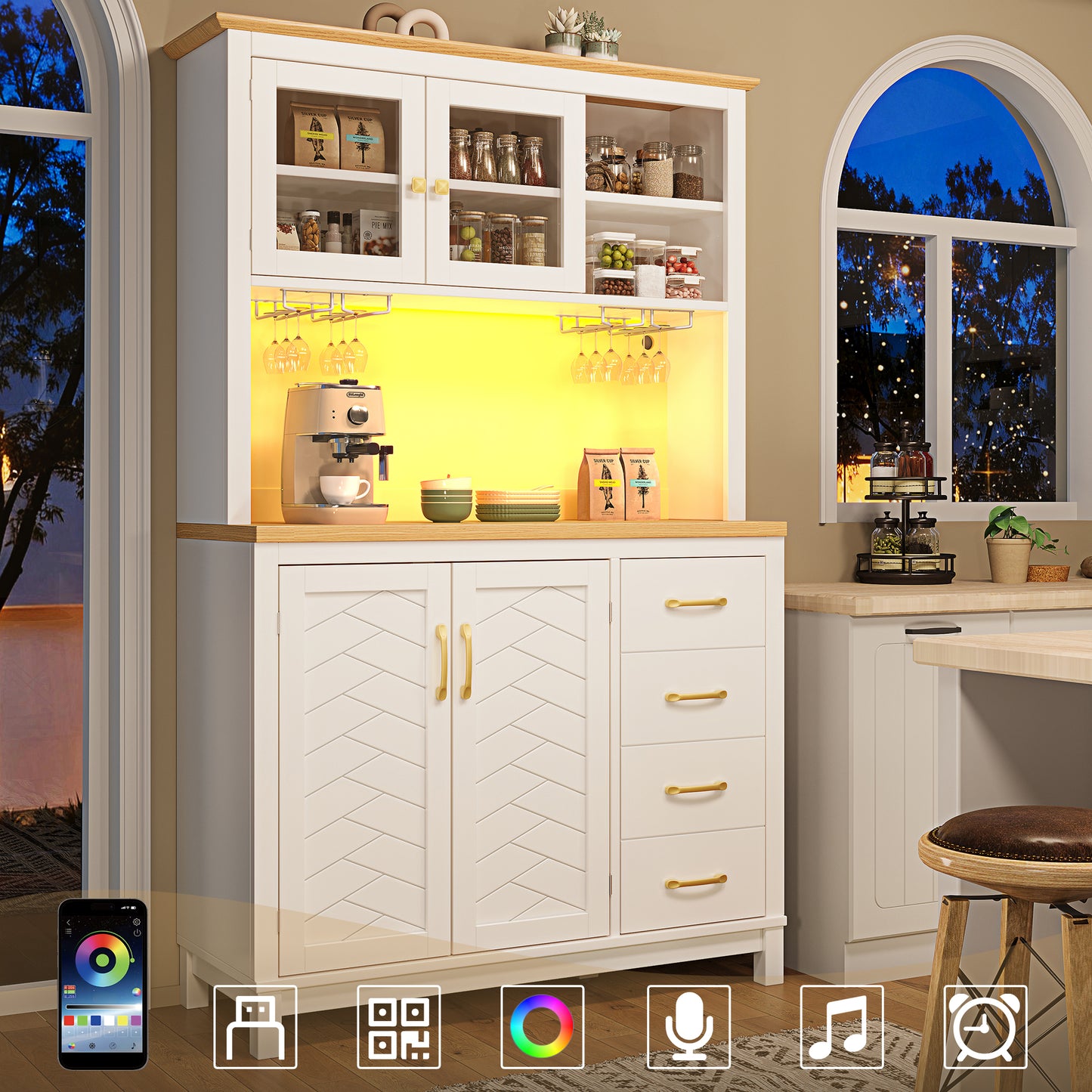 Gigab2b original image - Seitenboard / Aufbewahrungsschrank / Küchenschrank / Buffetschrank, 105.5x40x180cm, Landhausstil, 4 Türen, mit LED-Lichtleiste & Getränkehaltern, Grün/Schwarz/Weiß