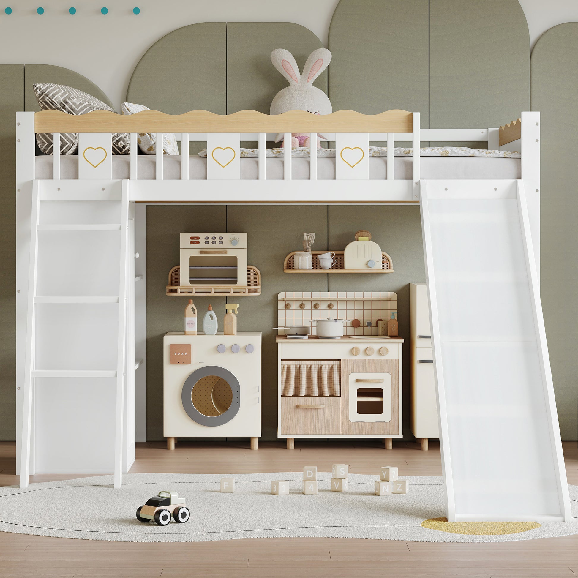 Gigab2b original image - Hochbett, Kinderbett, Mit Kinderrutsche, Kleiderschrank und Ablageschrank unter dem Bett, Vierseitiger Zaun mit exquisiten Mustern Kiefer + MDF + Sperrholz, Weiß+Natur, 90x200cm