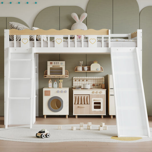 Gigab2b original image - Hochbett, Kinderbett, Mit Kinderrutsche, Kleiderschrank und Ablageschrank unter dem Bett, Vierseitiger Zaun mit exquisiten Mustern Kiefer + MDF + Sperrholz, Weiß+Natur, 90x200cm