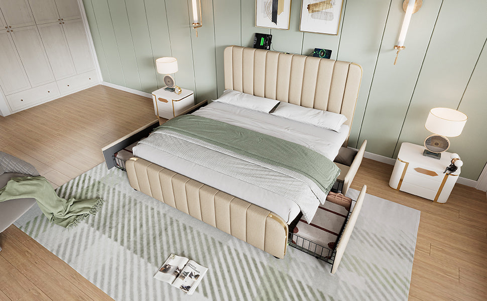 Polsterbett Doppeltes, gepolstertes Kopfteil mit goldenen Zierstreifen und ,USB Typ-C Ladefunktion 140*190 cm, Beige Leinen-Material mit 4 Schubladen ,Belastbarkeit 181 kg (Ohne Matratze)