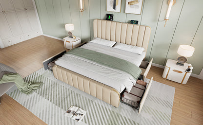 Polsterbett Doppeltes, gepolstertes Kopfteil mit goldenen Zierstreifen und ,USB Typ-C Ladefunktion 140*190 cm, Beige Leinen-Material mit 4 Schubladen ,Belastbarkeit 181 kg (Ohne Matratze)