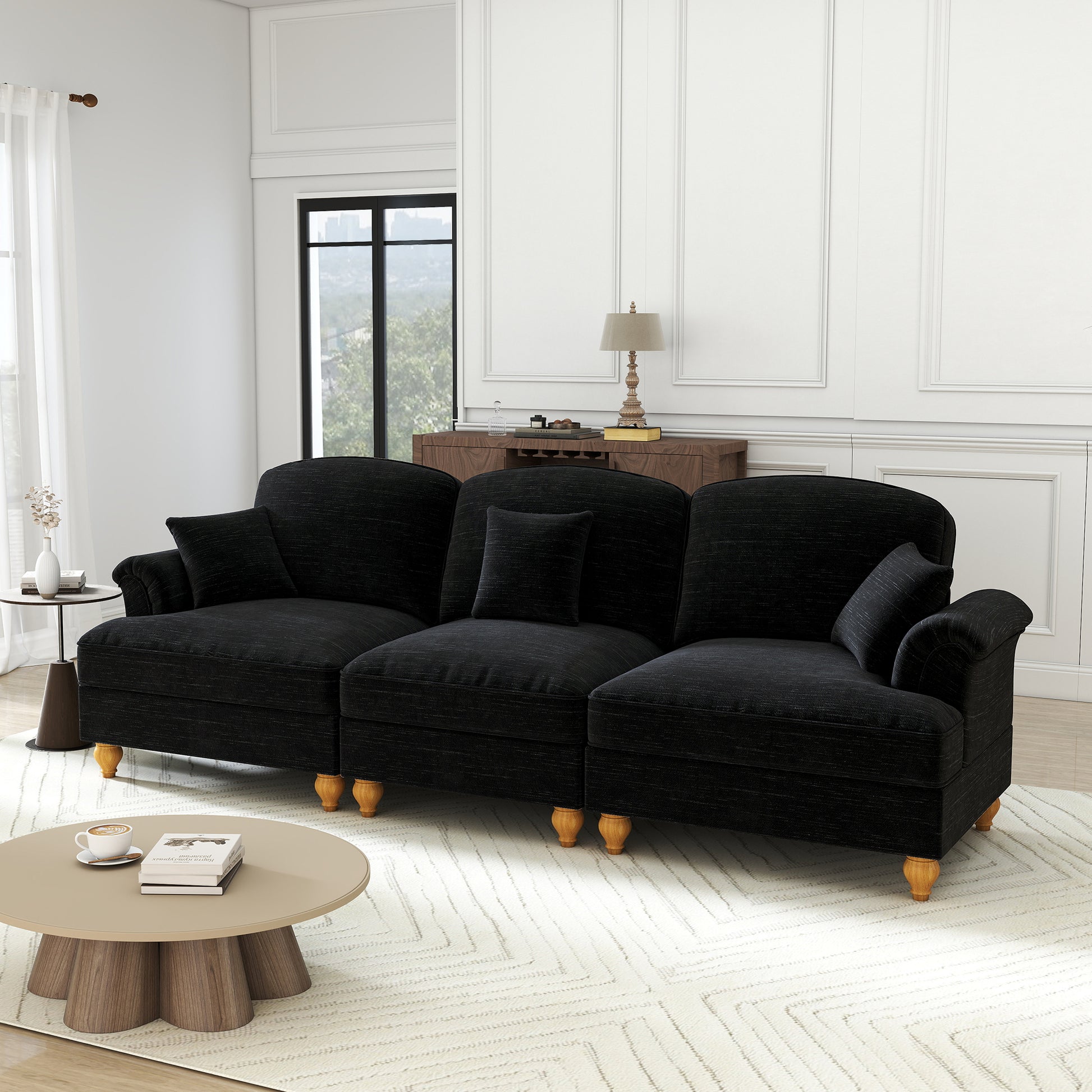 Gigab2b original image - Elegantes Mid-Century 3-Sitzer Sofa aus Chenille mit Trichter-Armlehnen, abnehmbarer Rüschenschürze & spindelförmigen Beinen – Komfortables Sofa fürs Wohnzimmer,Schwarz