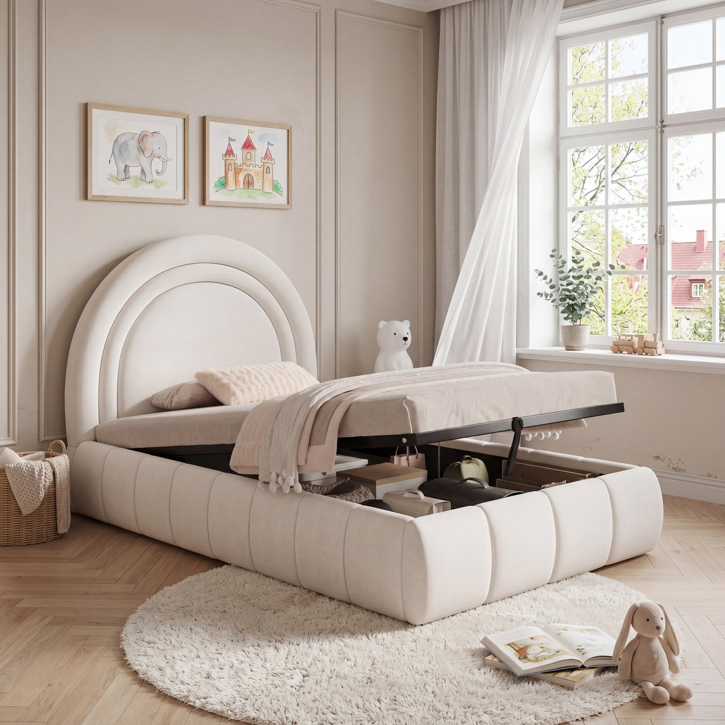Polsterbett, Einzelbett, Kinderbett 90 x 200cm, hydraulisches Funktionsbett, Bett mit Lattenrost, Kopfteil und großem Stauraum, gepolstertes Kopfteil, samt, beige