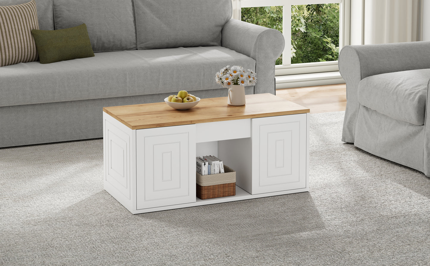 Wohnzimmer-Couchtisch, 46 x 95 x 45 cm, höhenverstellbar bis maximal ca. 59 cm, mit zwei Schranktüren und einem klaren, stromlinienförmigen Design.Beistelltisch aus Naturholz,Sofatisch, Schreibtisch