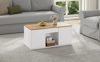 Wohnzimmer-Couchtisch, 46 x 95 x 45 cm, höhenverstellbar bis maximal ca. 59 cm, mit zwei Schranktüren und einem klaren, stromlinienförmigen Design.Beistelltisch aus Naturholz,Sofatisch, Schreibtisch