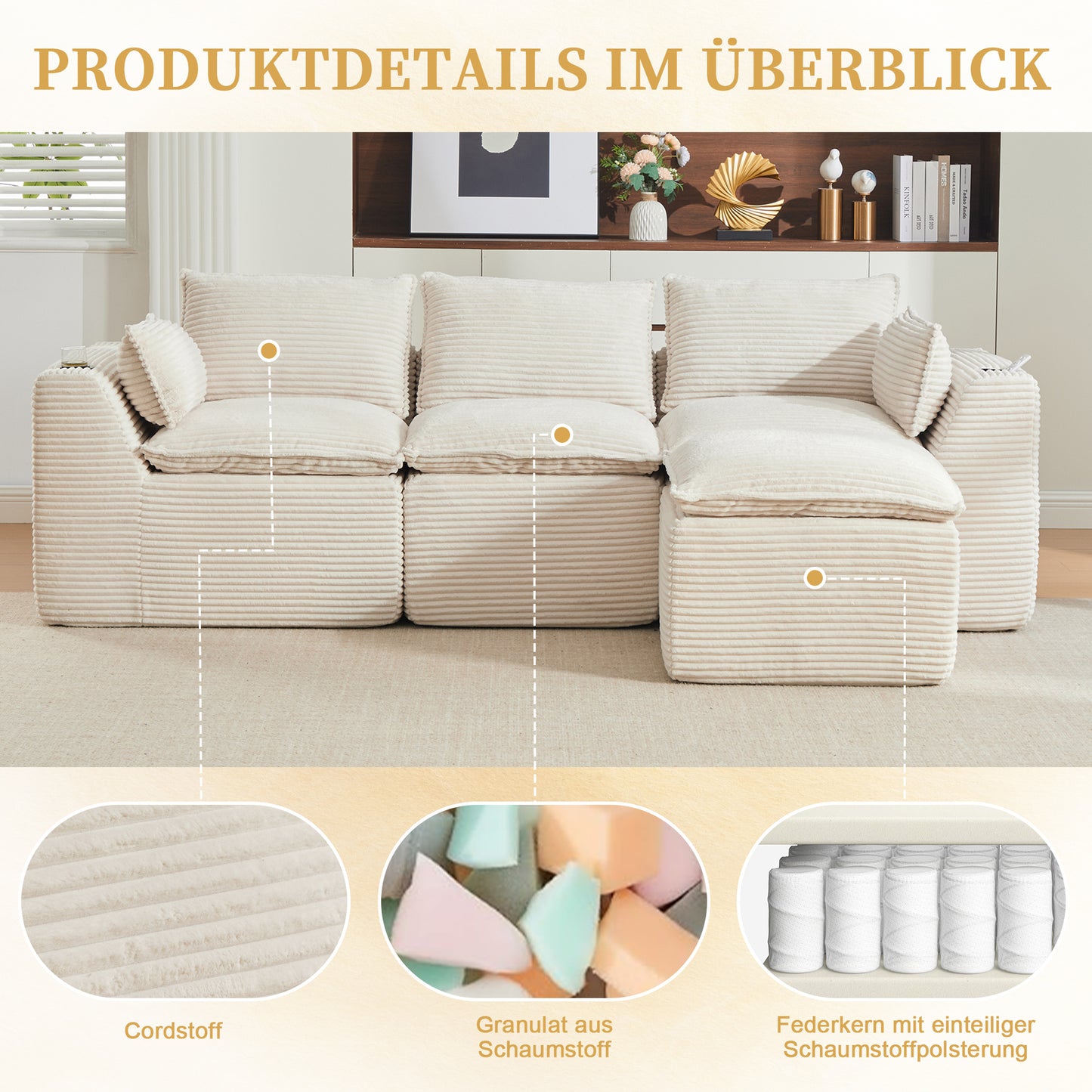 Modulares 3-Sitzer-Sofa + Fußhocker, inklusive Kissen, Getränkehalter und 2 Seitentaschen. Mit einer Füllung aus Schaumstoff und Federkern. Ideal für Wohnzimmer und ähnliche Räume (beiger Cordstoff)