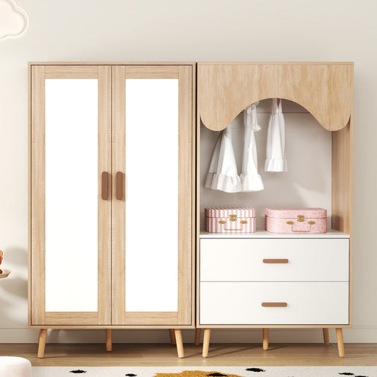 Gigab2b original image - Kinderkleiderschrank, Schrank-Set, zweitüriger Kleiderschrank + offener Kleiderschrank, Schlafzimmermöbel, mit Kleiderstange und Schubladen, Weiß und Holzfarbe kombiniert, 160 x 46 x 141,5 cm