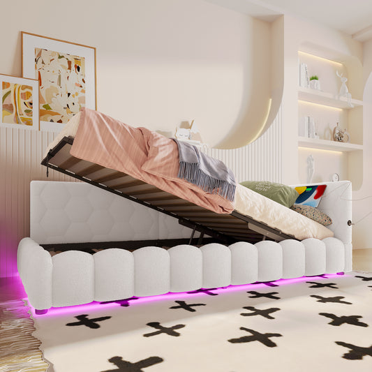 Daybett, 90*200cm Tagesbett, Schlafsofa, Bett mit Lattenrost (ohne Matratze), mit LED-Lichtleiste, mit hydraulischem Hebemechanismus, USB-Anschluss, Typ-C, Komfortmaterial, Vliesimitat, Weiß