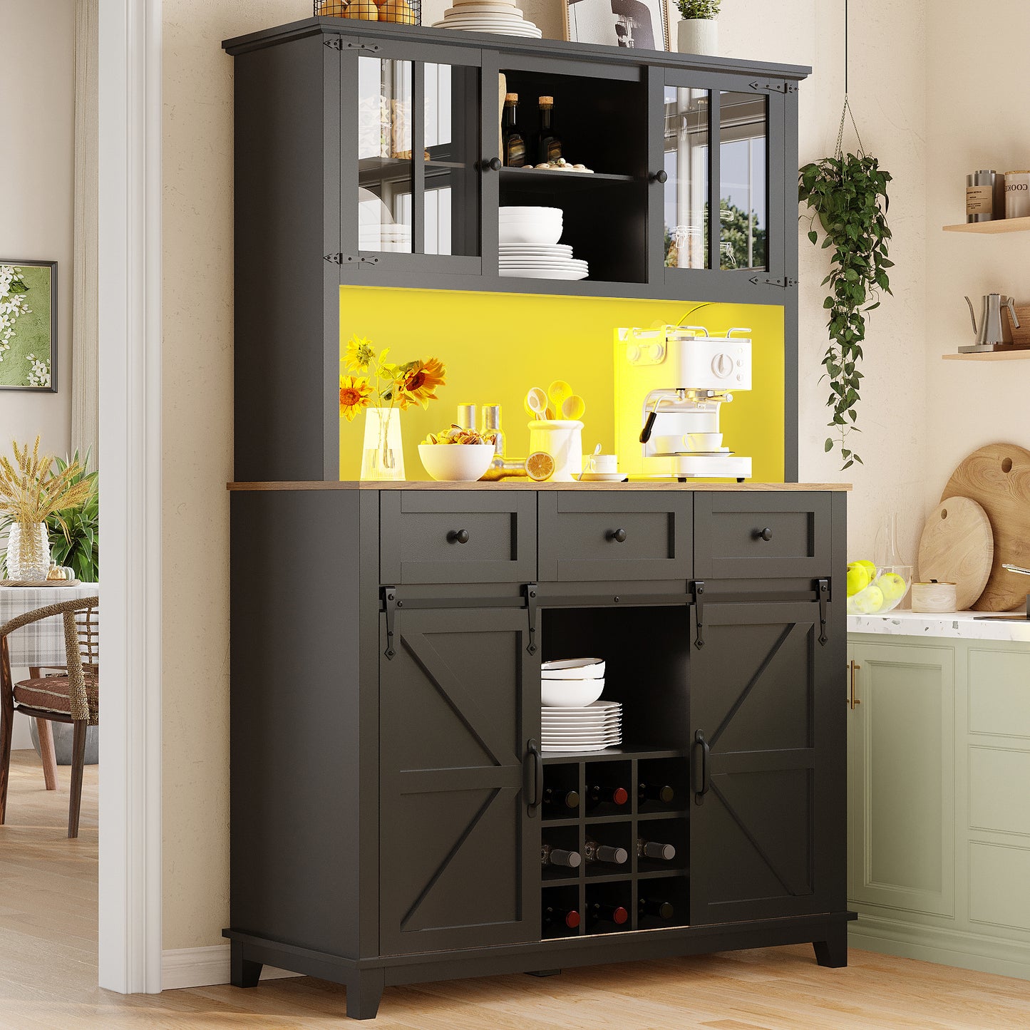 Gigab2b original image - Küchenschrank(105×38.4×180cm), Hochschrank Küchenbuffet, Vitrinenschrank, Buffetschrank mit Verstellbaren Ablagen, Sideboard mit LED-Beleuchtung,Variable Lichtfarben, schwarz
