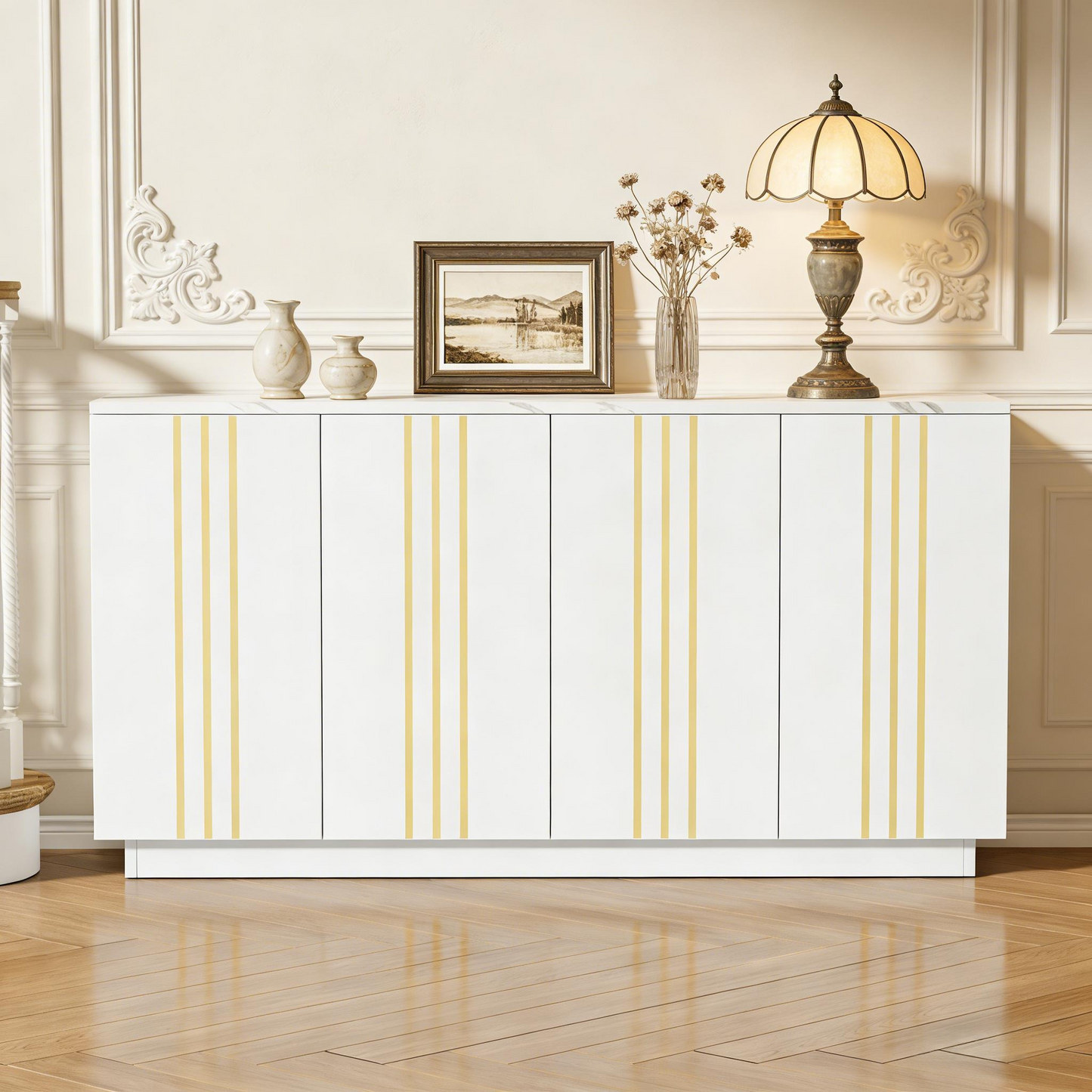 Gigab2b original image - Wohnzimmer-Sideboard, Aufbewahrungsschrank mit 4 Türen, 35 x 140 x 70 cm.Design mit vergoldeten Linien,Spind mit verstellbaren Trennwänden,Kabinett,Geeignet für Wohnzimmer und Schlafzimmer,Weiß + Gold