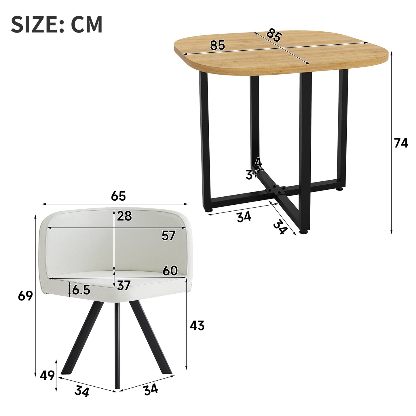 Esstisch und Stuhlset fur 4 Personen,bestehend aus einem Esstisch 85 x 85 cm und vier mit Leinen bezogenen